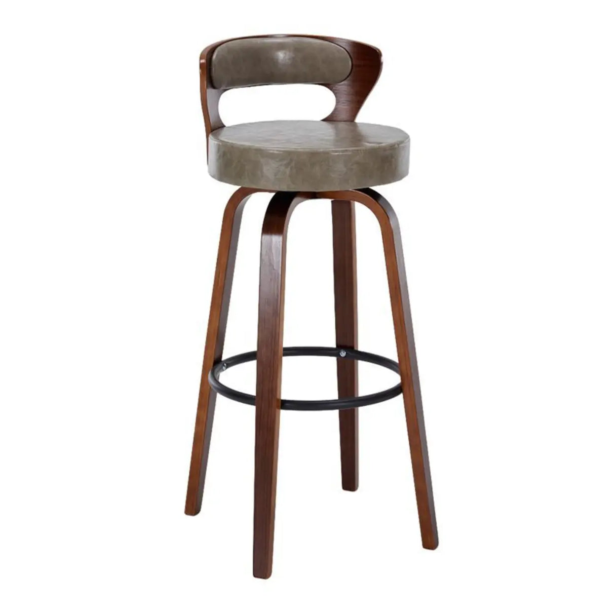 Modern Round Wood Low Back Leather Swivel Bar Stool Image - 10