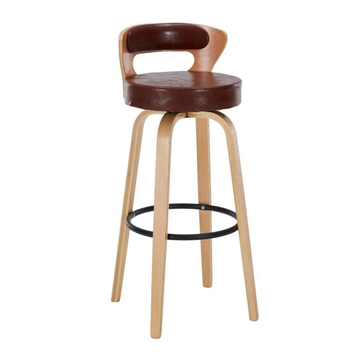 Modern Round Wood Low Back Leather Swivel Bar Stool Image - 14