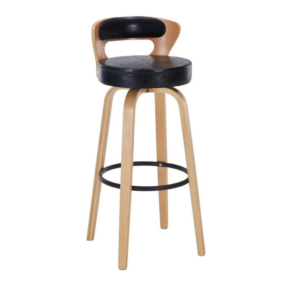 Modern Round Wood Low Back Leather Swivel Bar Stool Image - 17