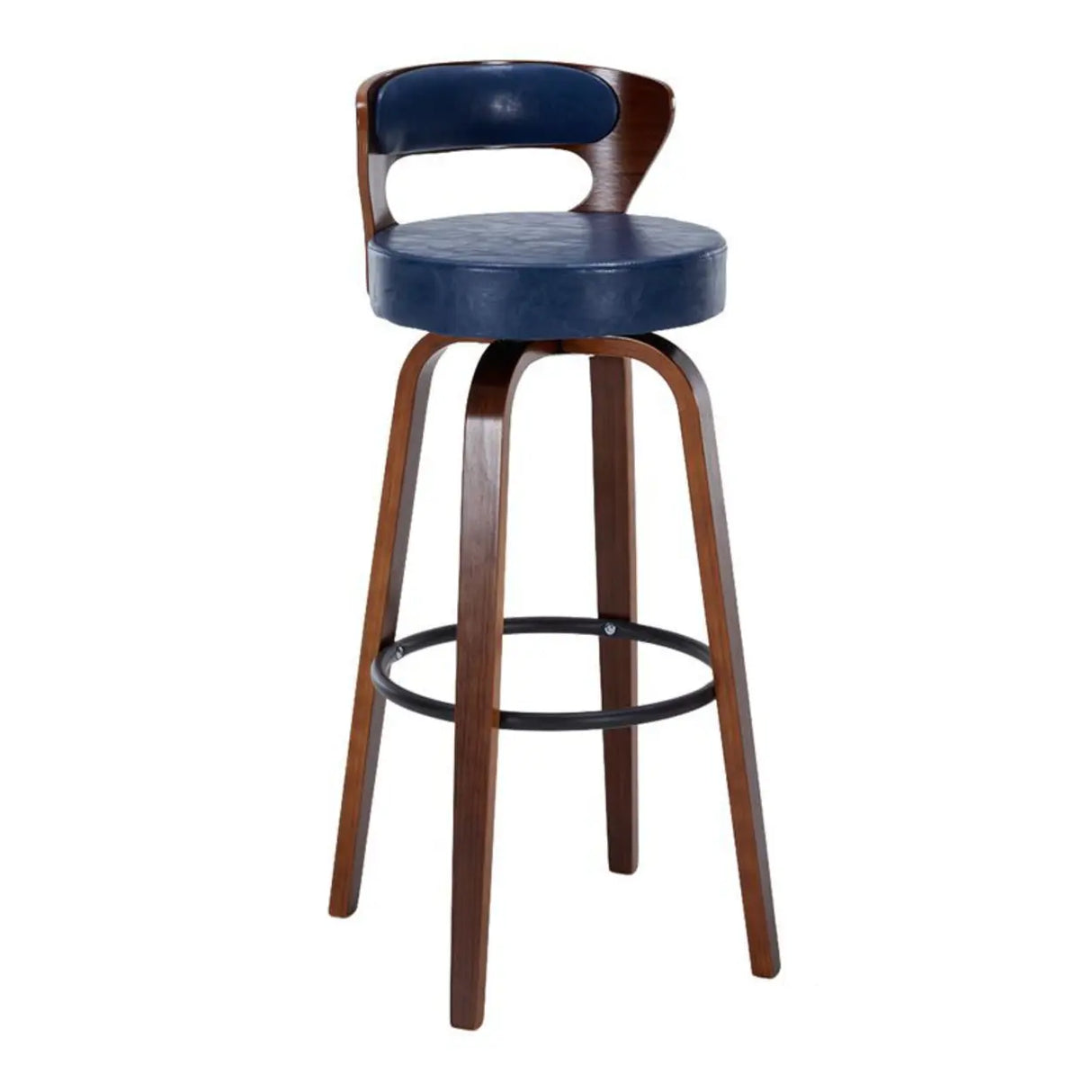 Modern Round Wood Low Back Leather Swivel Bar Stool Image - 7
