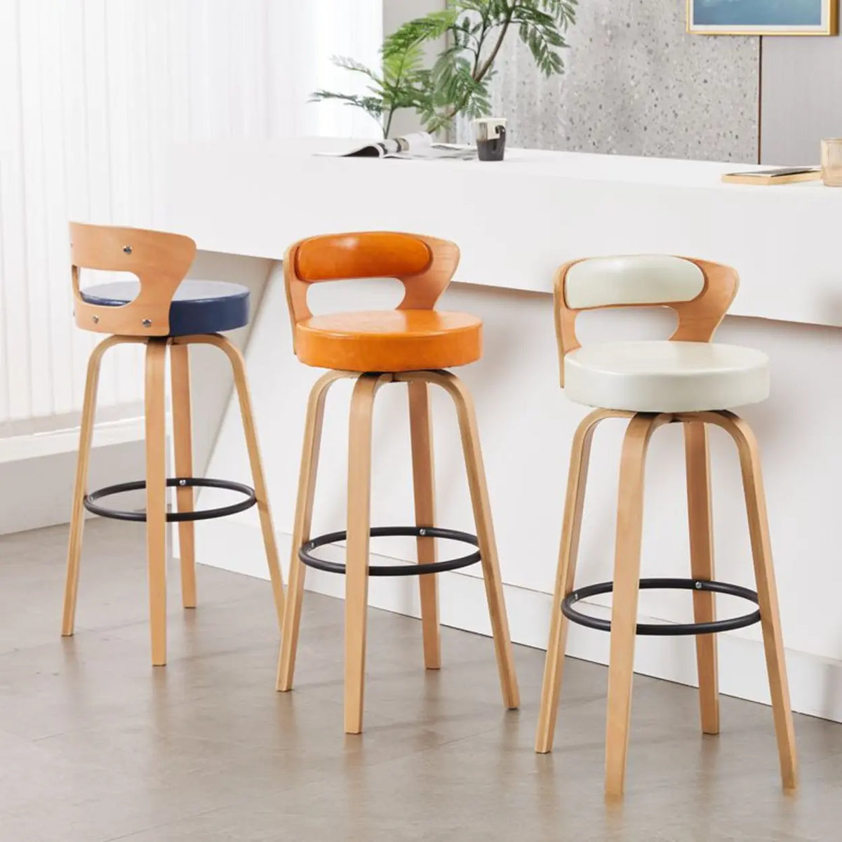 Modern Round Wood Low Back Leather Swivel Bar Stool Image - 7