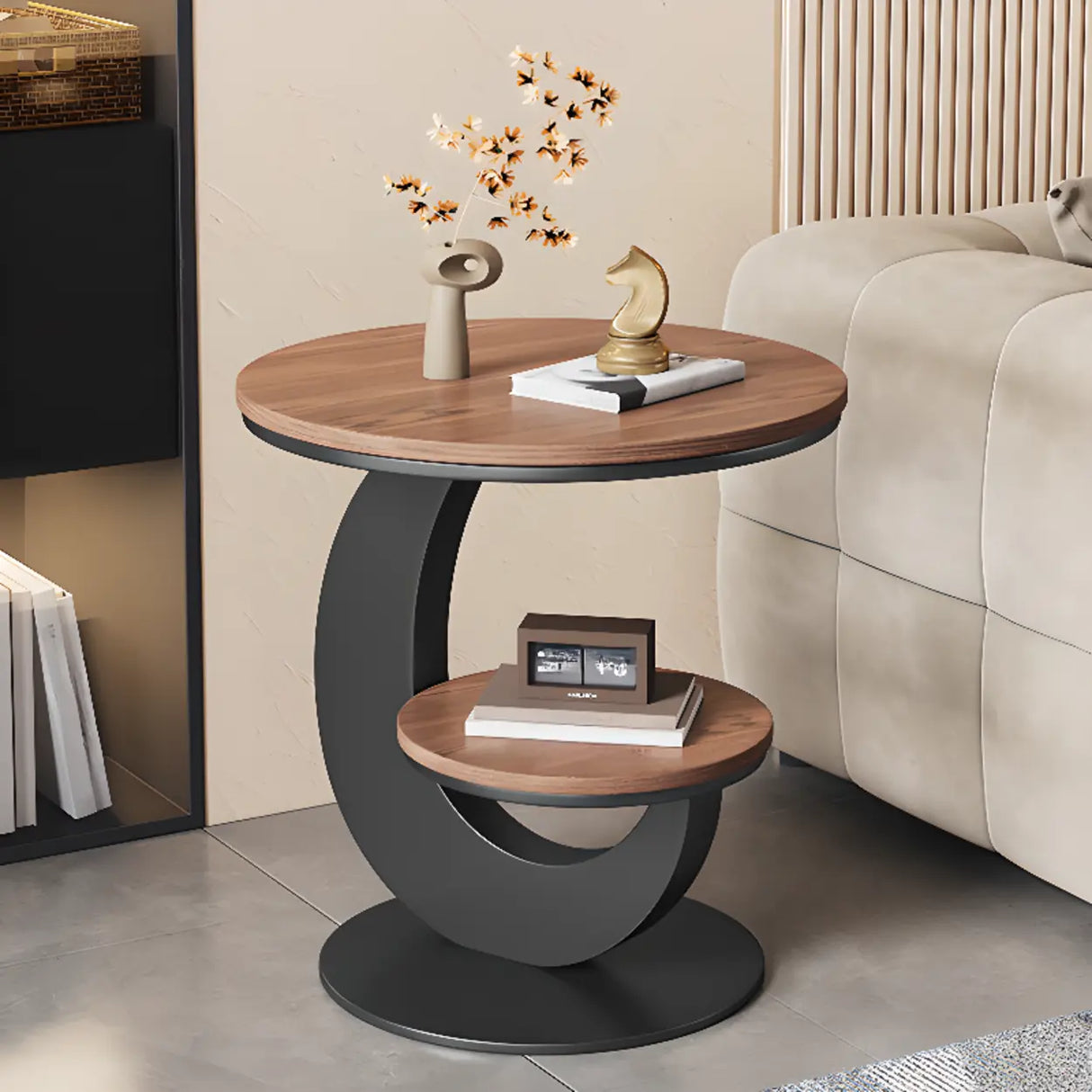Modern Round Wood Pedestal Side Table with Dual Shelves Image - 1
