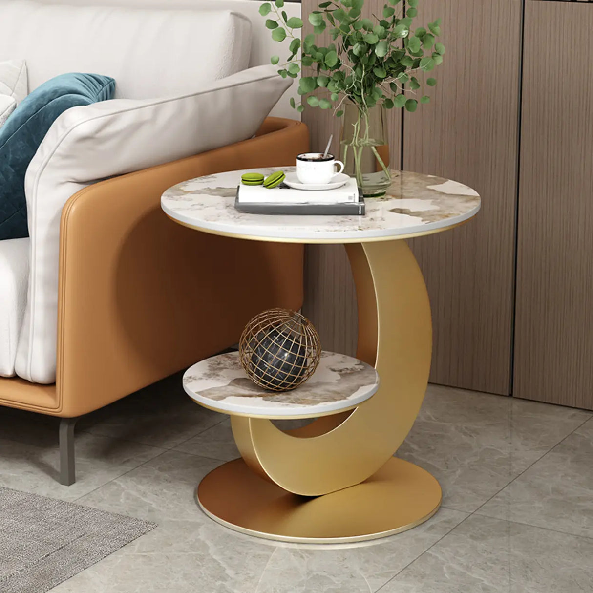 Modern Round Wood Pedestal Side Table with Dual Shelves Image - 11