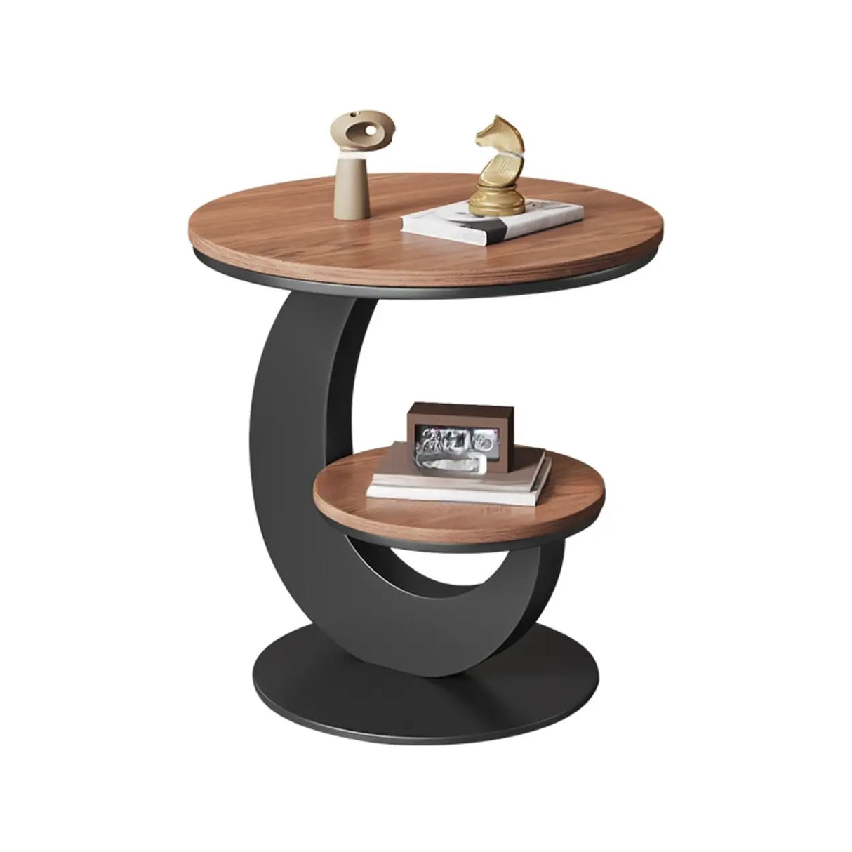 Modern Round Wood Pedestal Side Table with Dual Shelves Image - 2