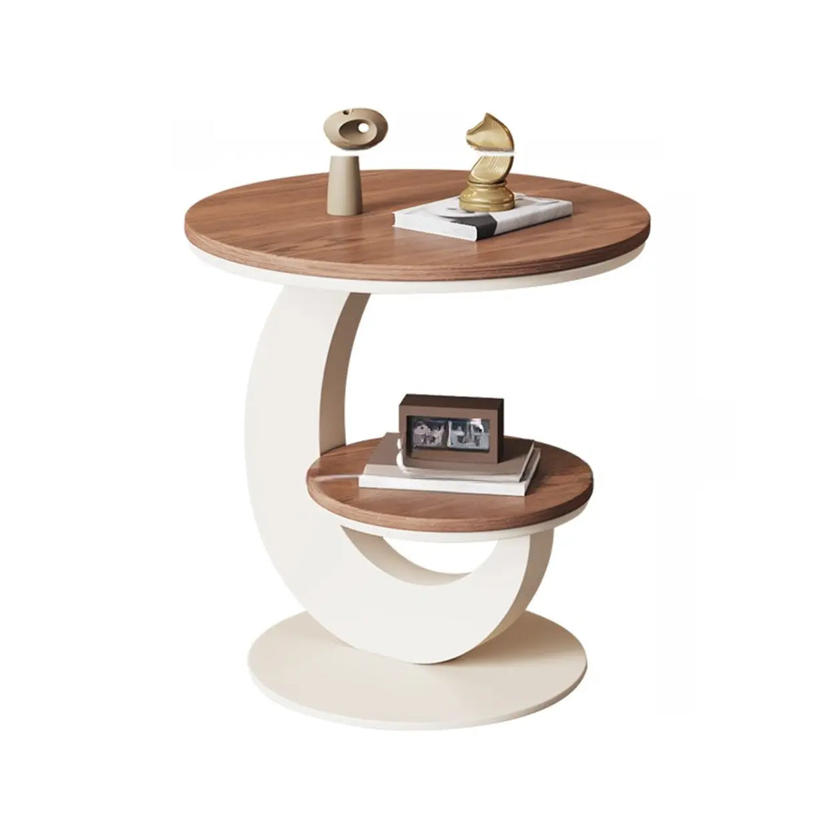 Modern Round Wood Pedestal Side Table with Dual Shelves Image - 3