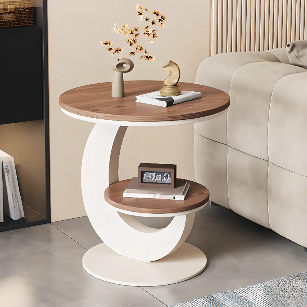 Modern Round Wood Pedestal Side Table with Dual Shelves Image - 4