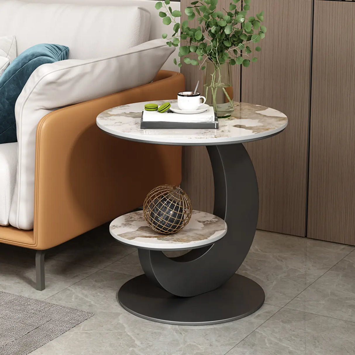 Modern Round Wood Pedestal Side Table with Dual Shelves Image - 5