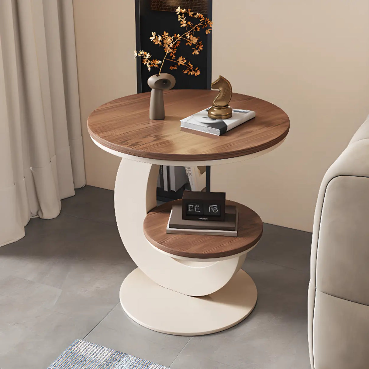 Modern Round Wood Pedestal Side Table with Dual Shelves Image - 6