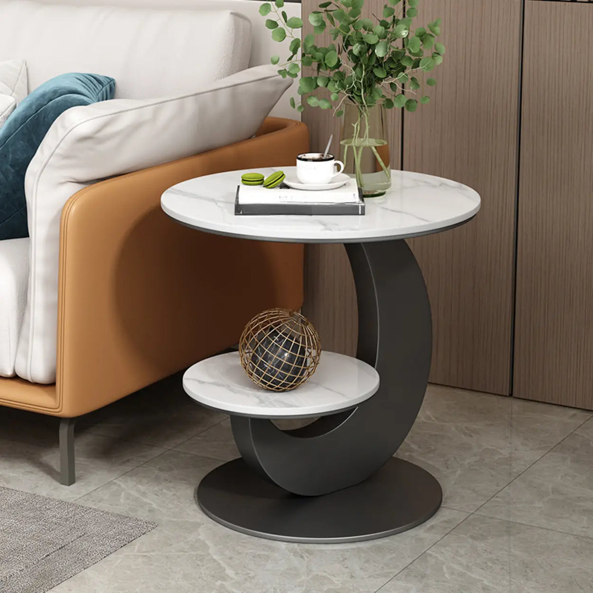 Modern Round Wood Pedestal Side Table with Dual Shelves Image - 7