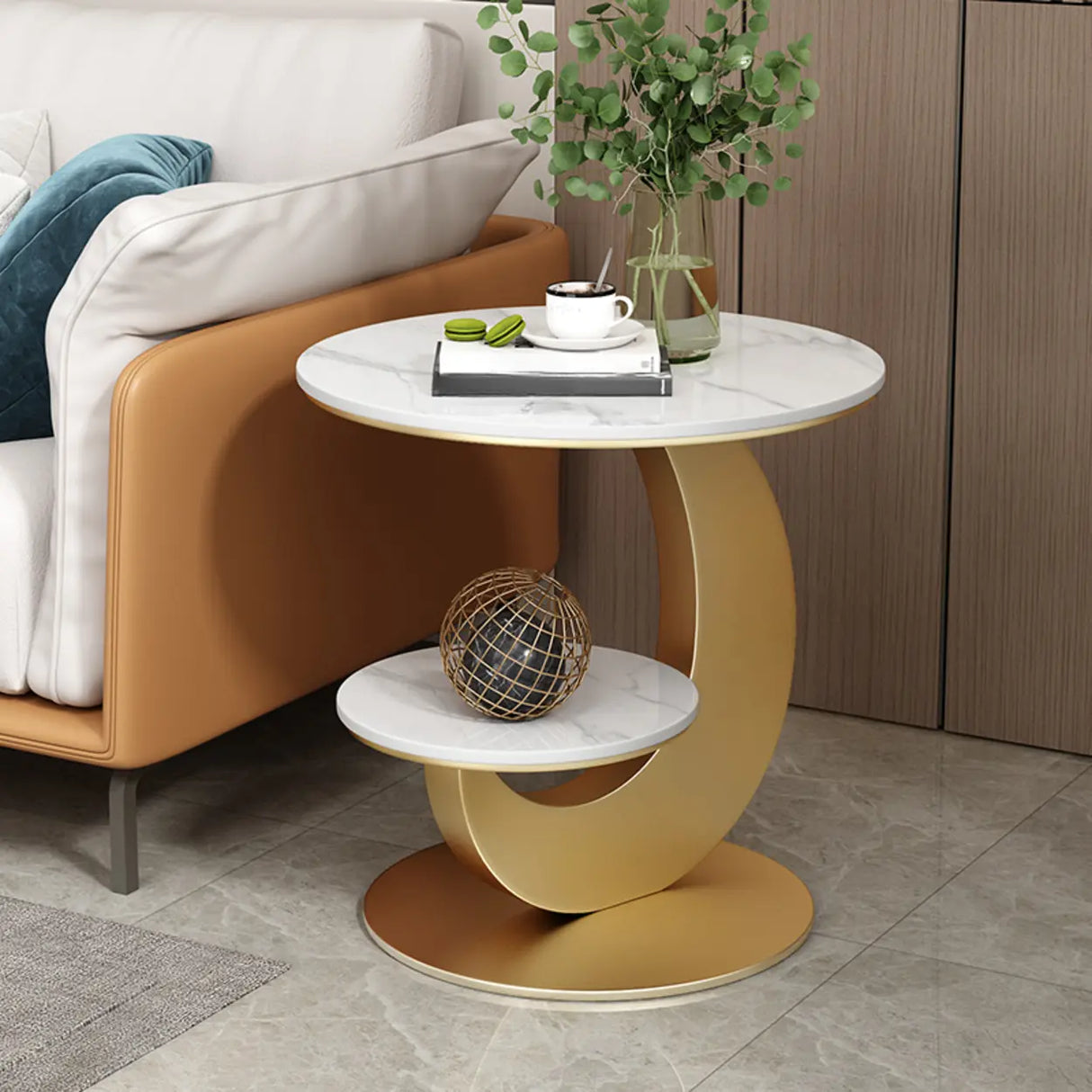 Modern Round Wood Pedestal Side Table with Dual Shelves Image - 9