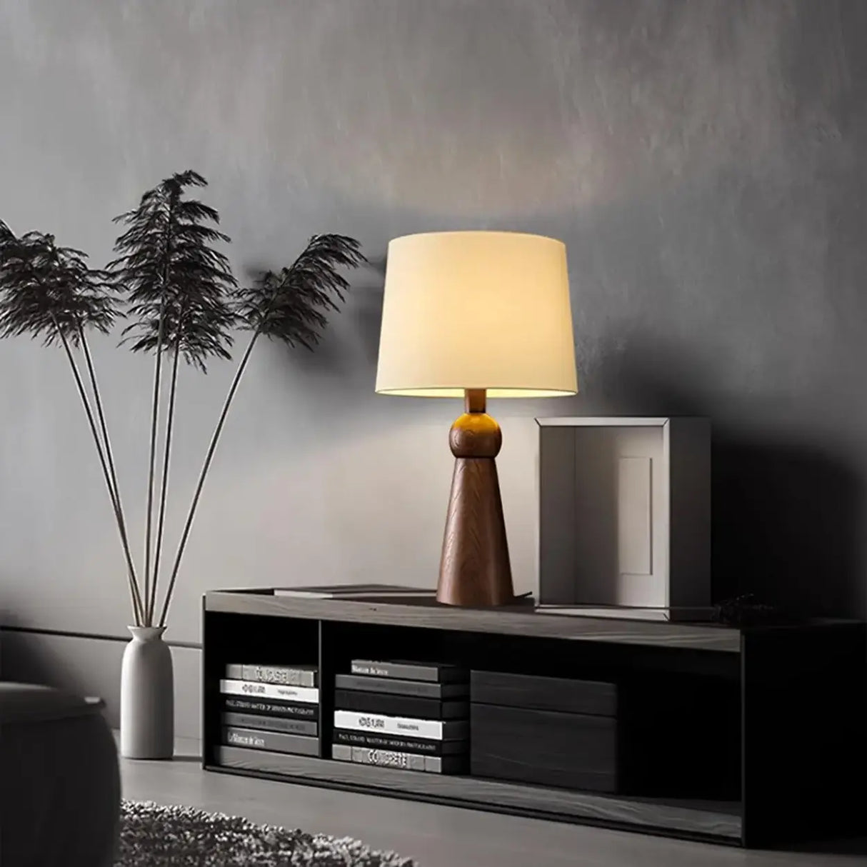 Modern Rusitic Wood Tapered Base Drum Fabric Table Lamp Image - 4