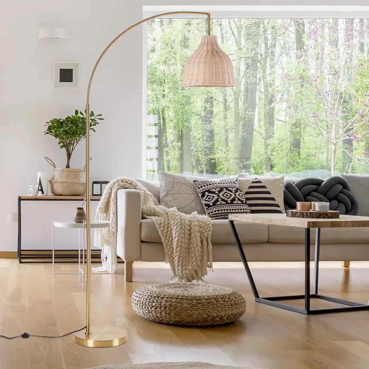 Modern Rustic Gold Woven Rattan Arched Floor Lamp Image - 1