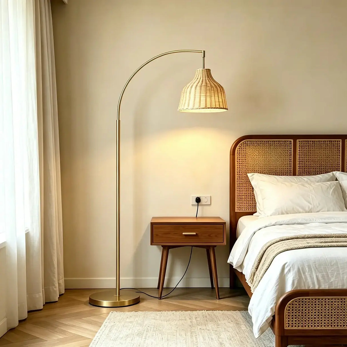 Modern Rustic Gold Woven Rattan Arched Floor Lamp Image - 4