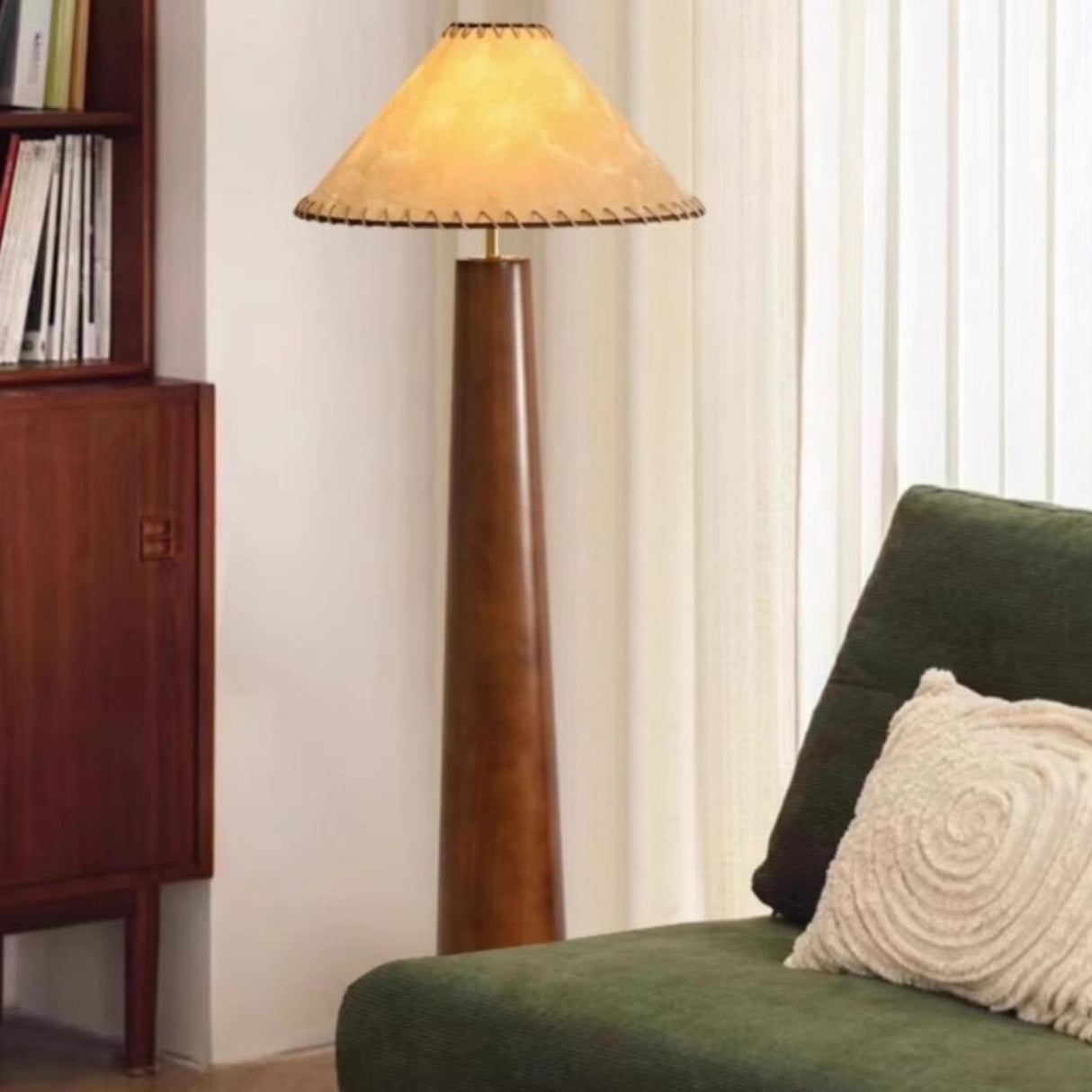 Modern Rustic Wood Brown Cone Column Floor Lamp Image - 3