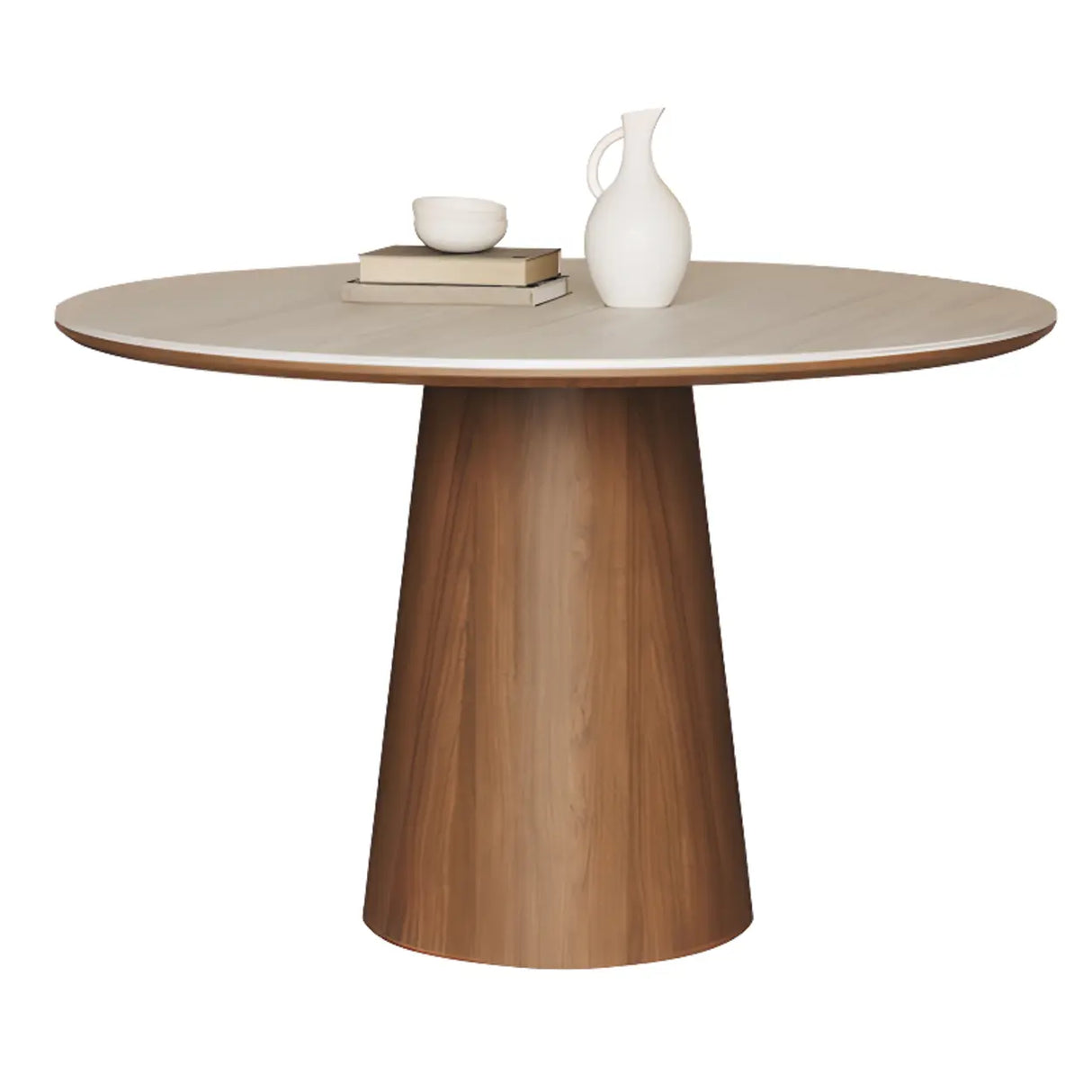 Modern Rustic Wood Pedestal Round Beige Stone Dining Table Image - 2