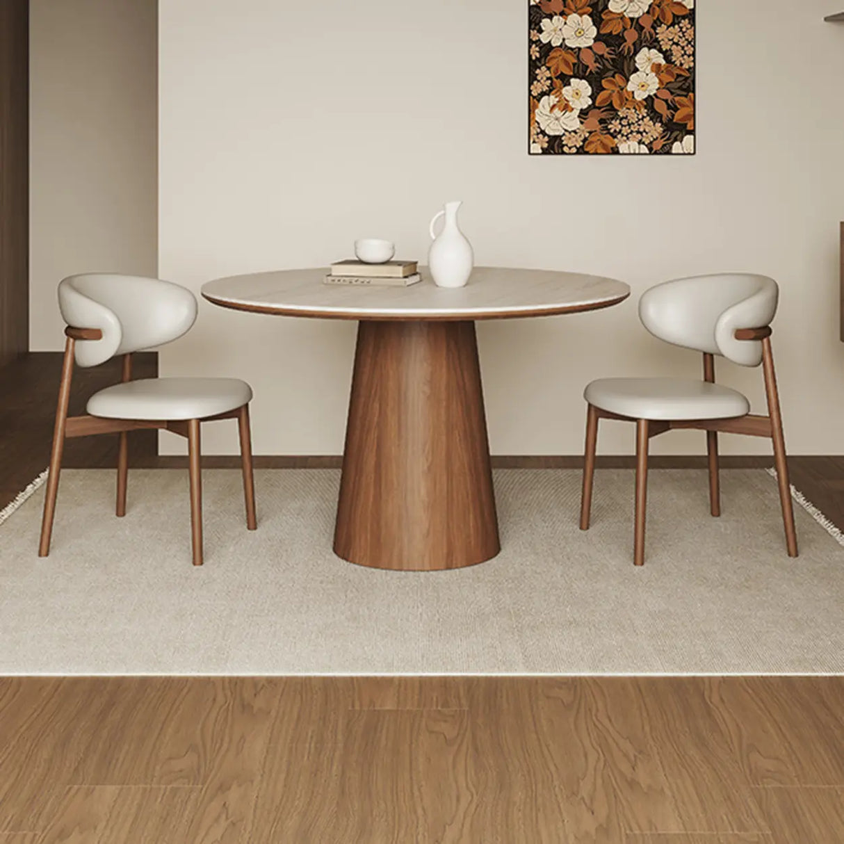 Modern Rustic Wood Pedestal Round Beige Stone Dining Table Image - 4