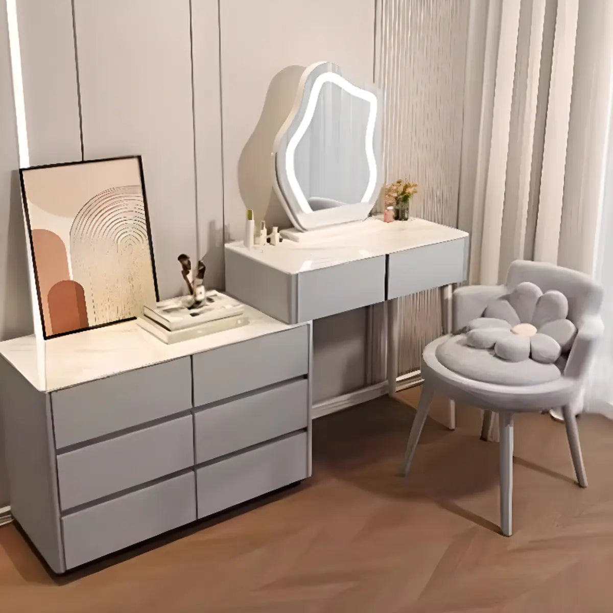 Modern Scalloped MDF Wall-Mounted Mirror White Makeup Vanity Image - 10