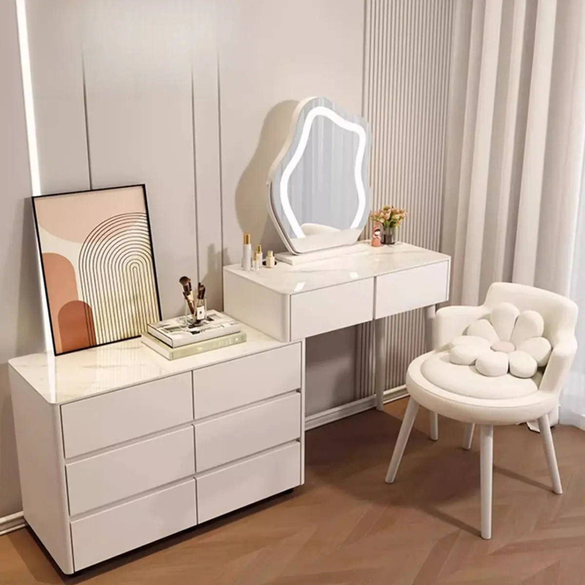 Modern Scalloped MDF Wall-Mounted Mirror White Makeup Vanity Image - 11