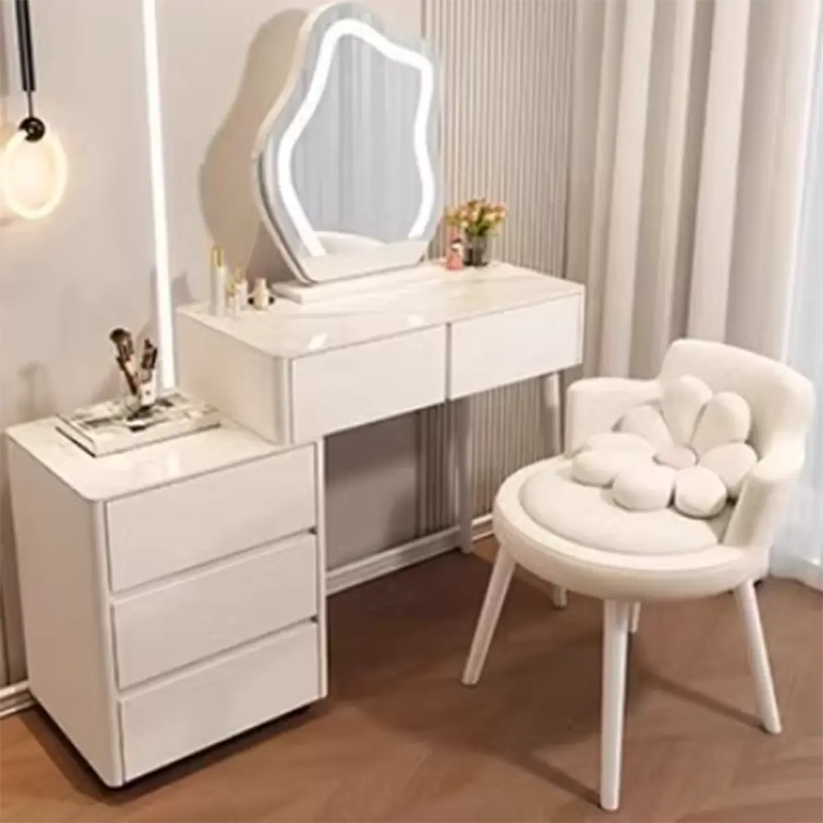 Modern Scalloped MDF Wall-Mounted Mirror White Makeup Vanity Image - 12