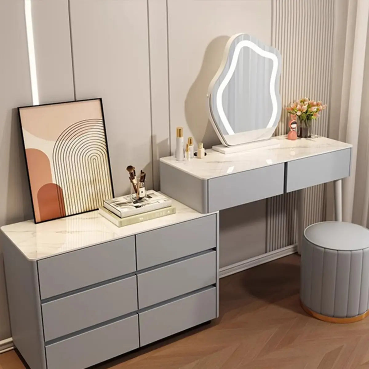 Modern Scalloped MDF Wall-Mounted Mirror White Makeup Vanity Image - 2