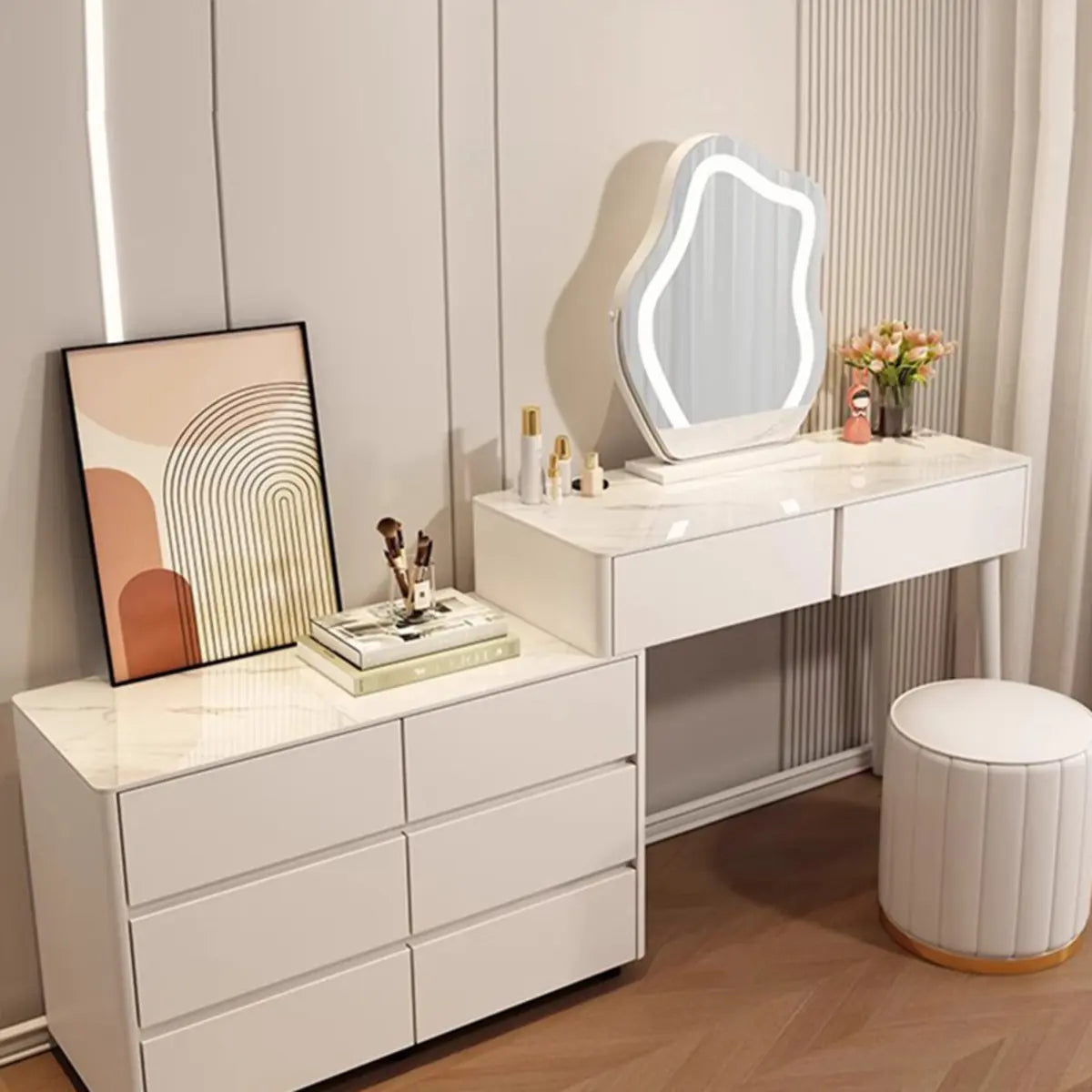 Modern Scalloped MDF Wall-Mounted Mirror White Makeup Vanity Image - 3
