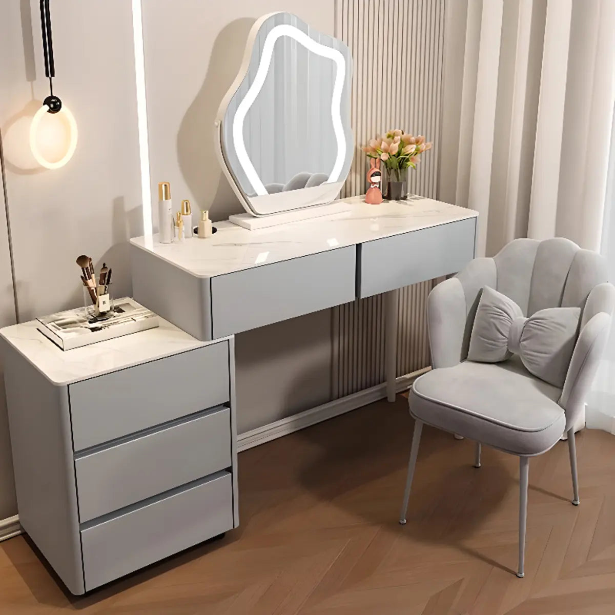 Modern Scalloped MDF Wall-Mounted Mirror White Makeup Vanity Image - 4