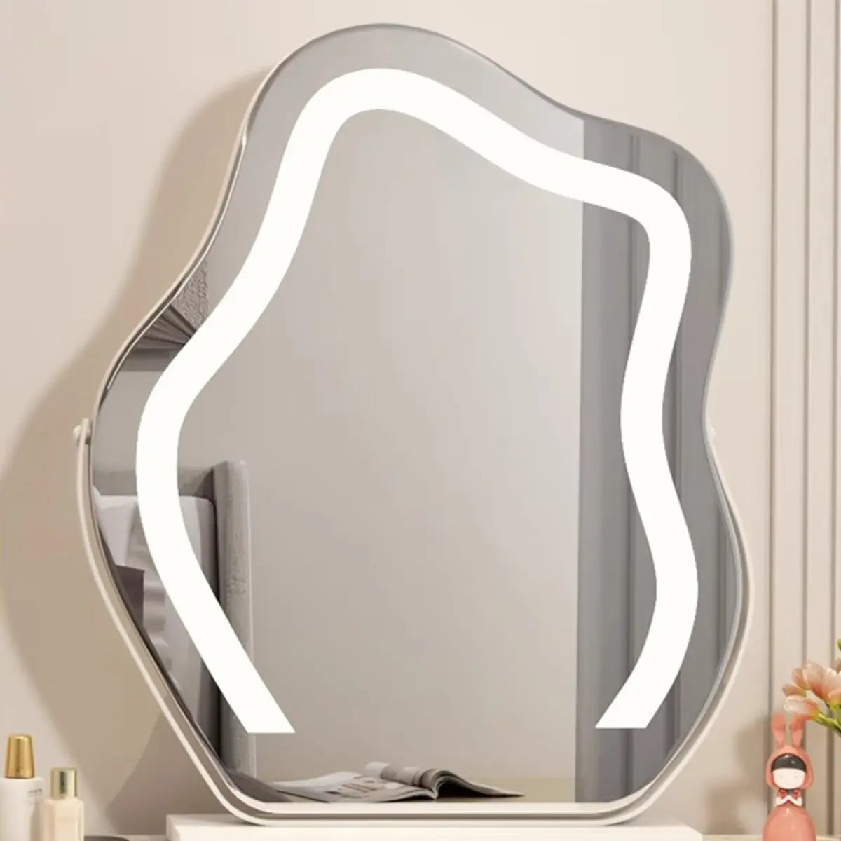 Modern Scalloped MDF Wall-Mounted Mirror White Makeup Vanity Image - 5