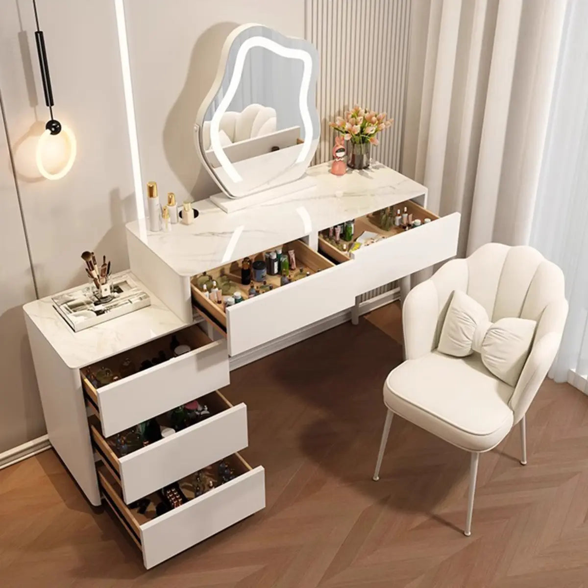 Modern Scalloped MDF Wall-Mounted Mirror White Makeup Vanity Image - 7