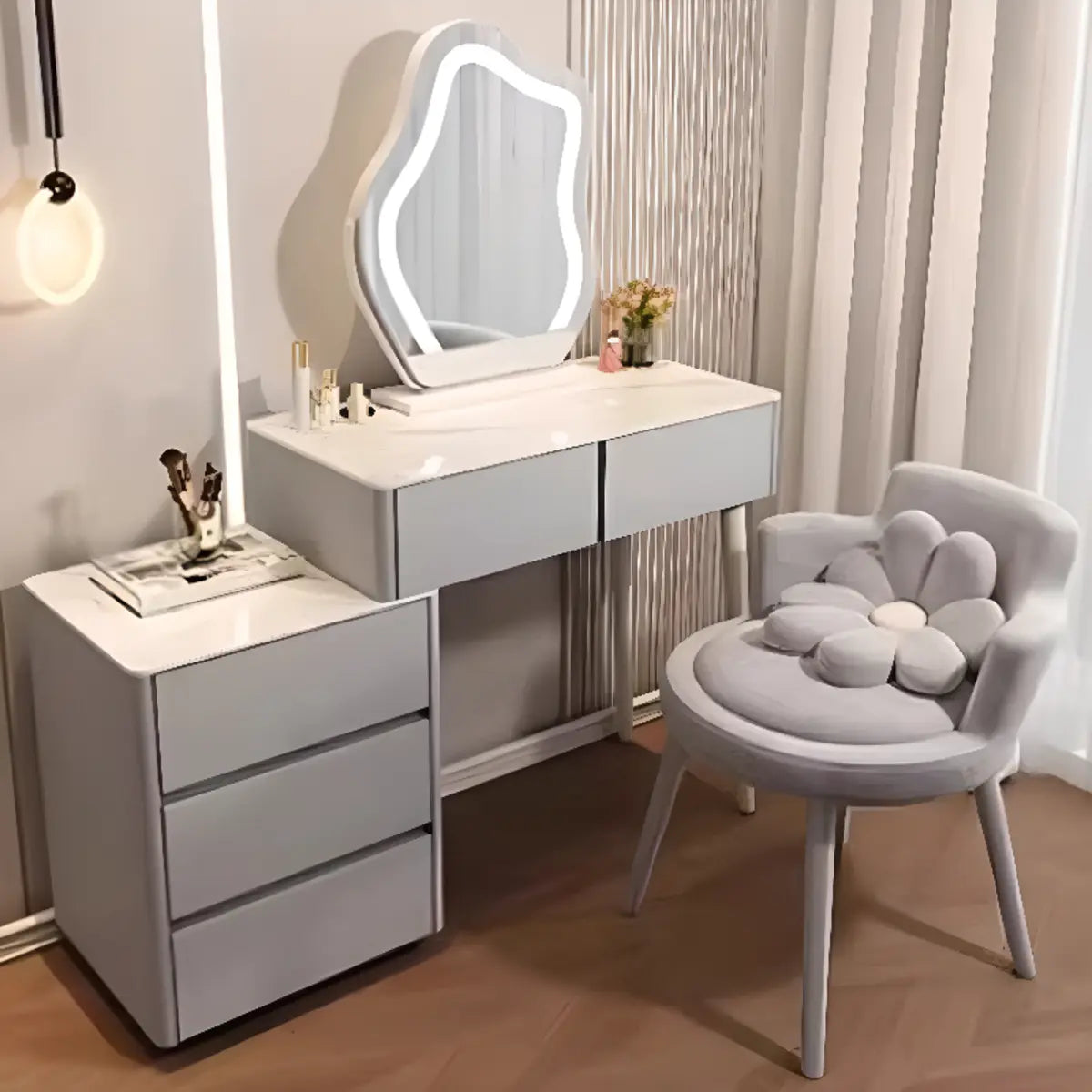 Modern Scalloped MDF Wall-Mounted Mirror White Makeup Vanity Image - 9