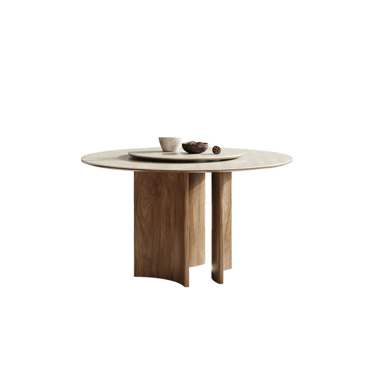 Modern Scandinavian Khaki Stone Round Wood Base Dining Table Image - 2