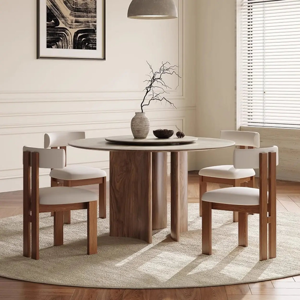 Modern Scandinavian Khaki Stone Round Wood Base Dining Table Image - 4