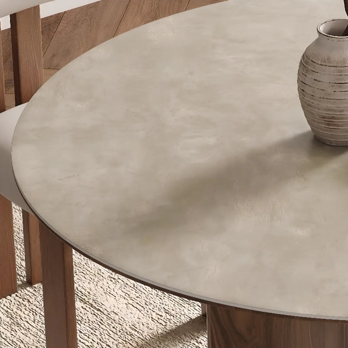 Modern Scandinavian Khaki Stone Round Wood Base Dining Table Image - 7