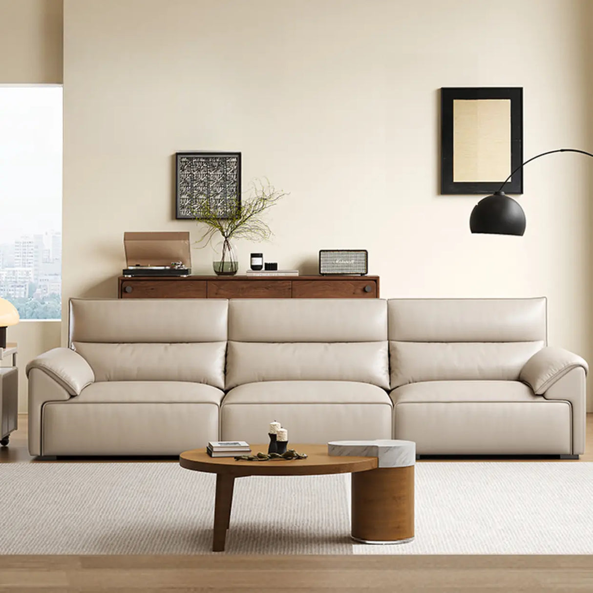 Modern Scratch Resistant Beige Genuine Leather Wide Seat Sofa Image - 1