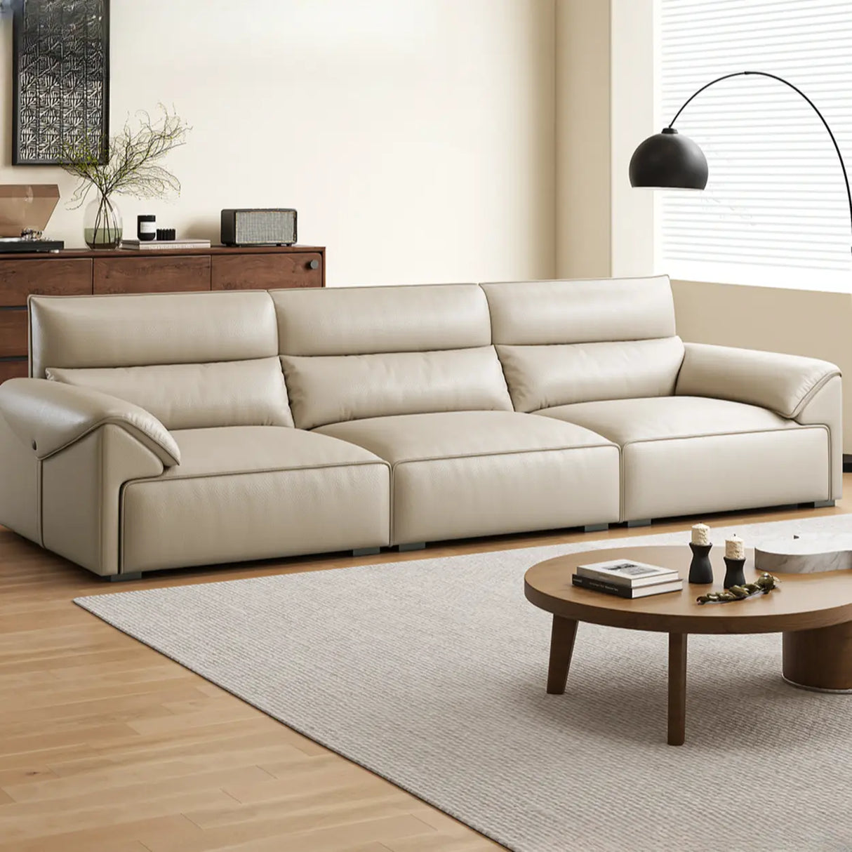 Modern Scratch Resistant Beige Genuine Leather Wide Seat Sofa Image - 4