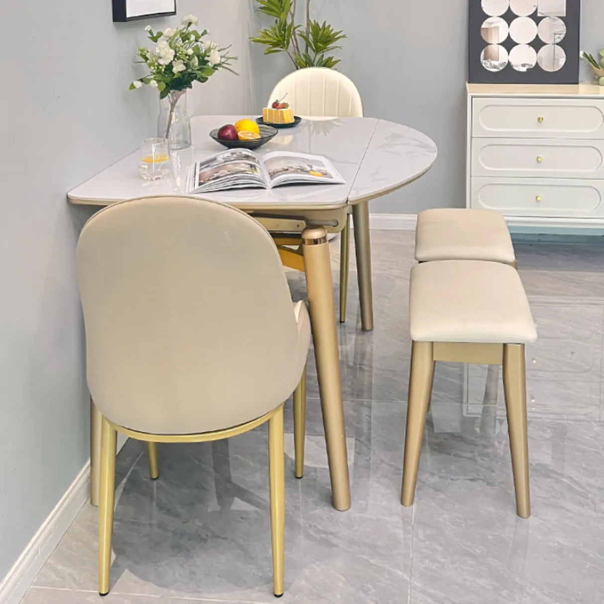 Modern Scratch-Resistant Oval Self-Storing Leaf Dining Table Image - 6