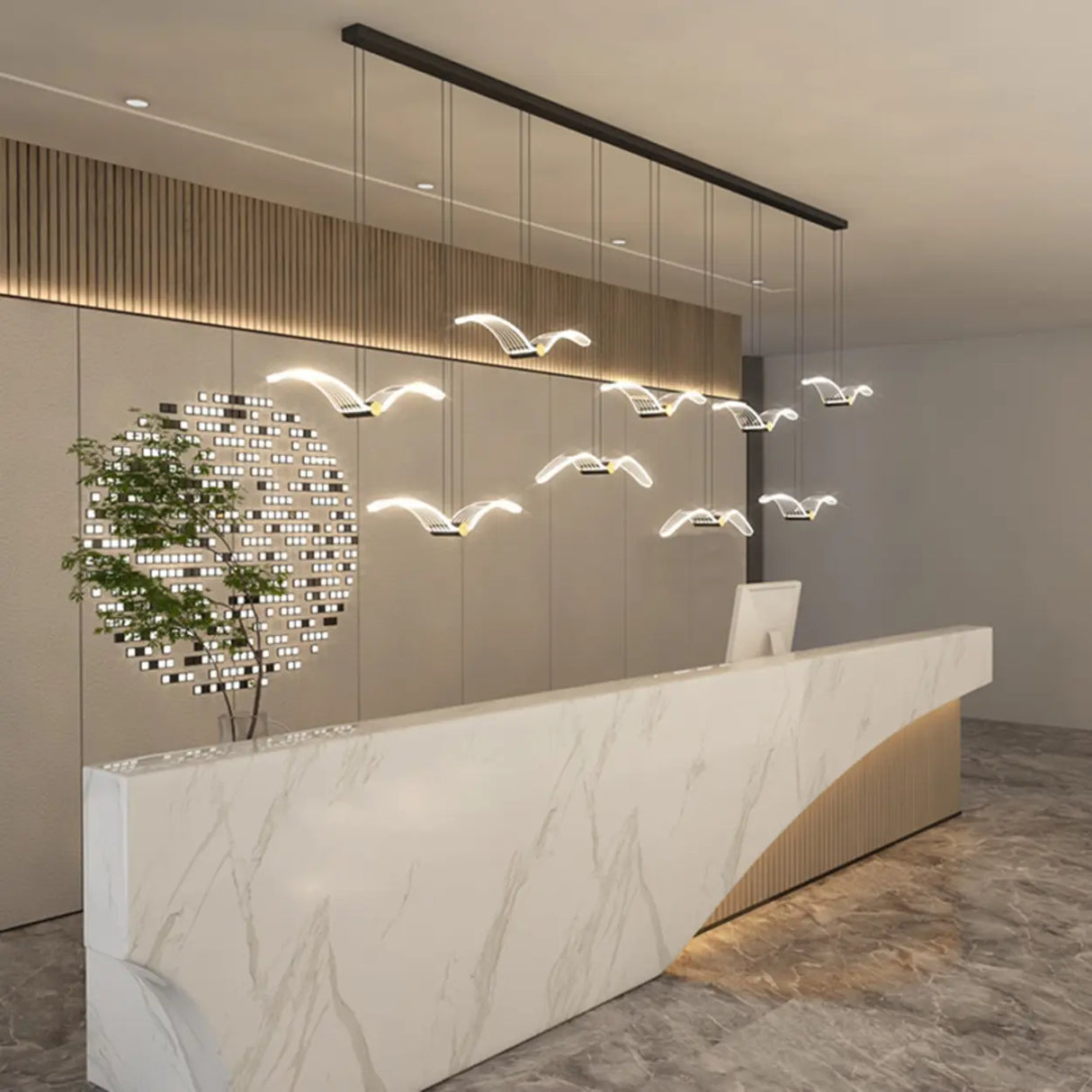 Modern Seagull LED Pendant Light for Lobby, White, Large Image - 14