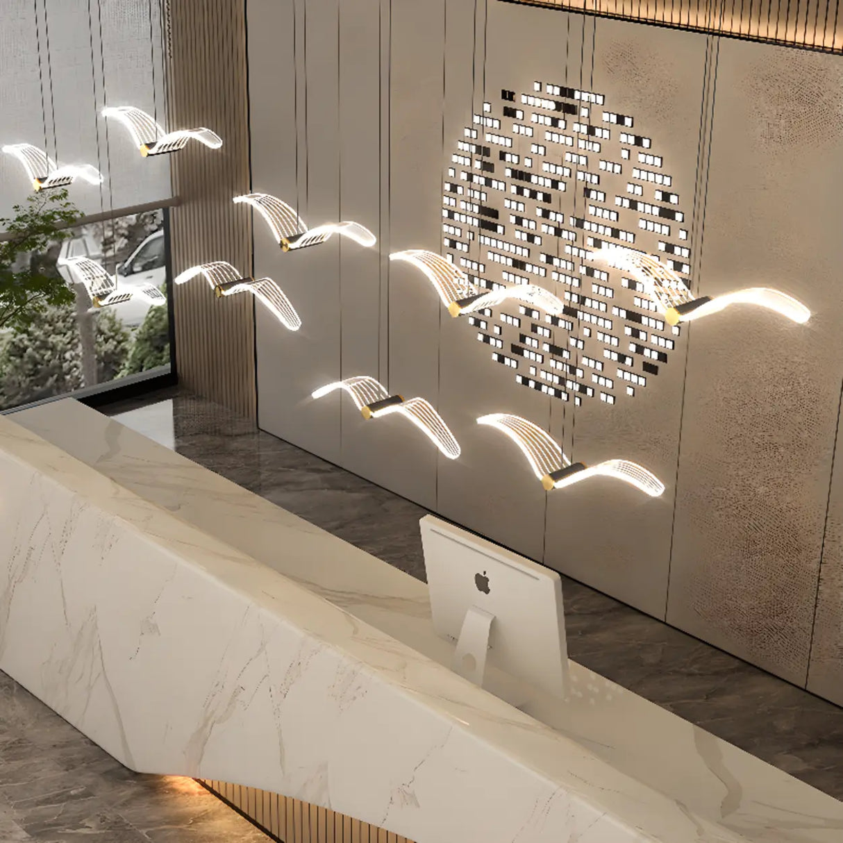 Modern Seagull LED Pendant Light for Lobby, White, Large Image - 1