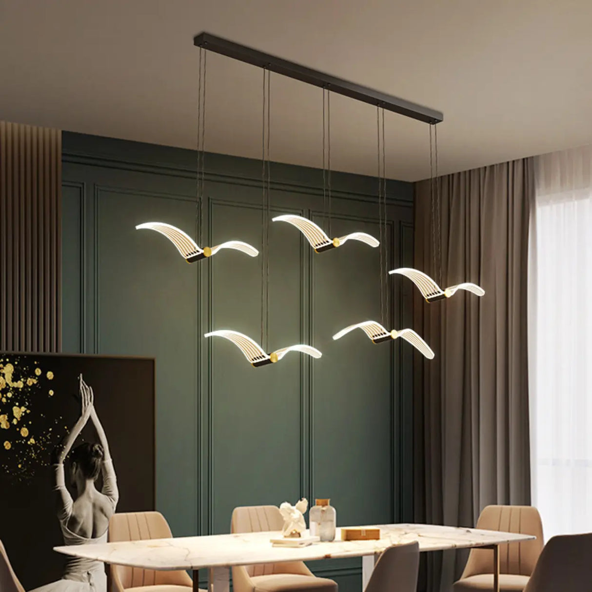 Modern Seagull LED Pendant Light for Lobby, White, Large Image - 3