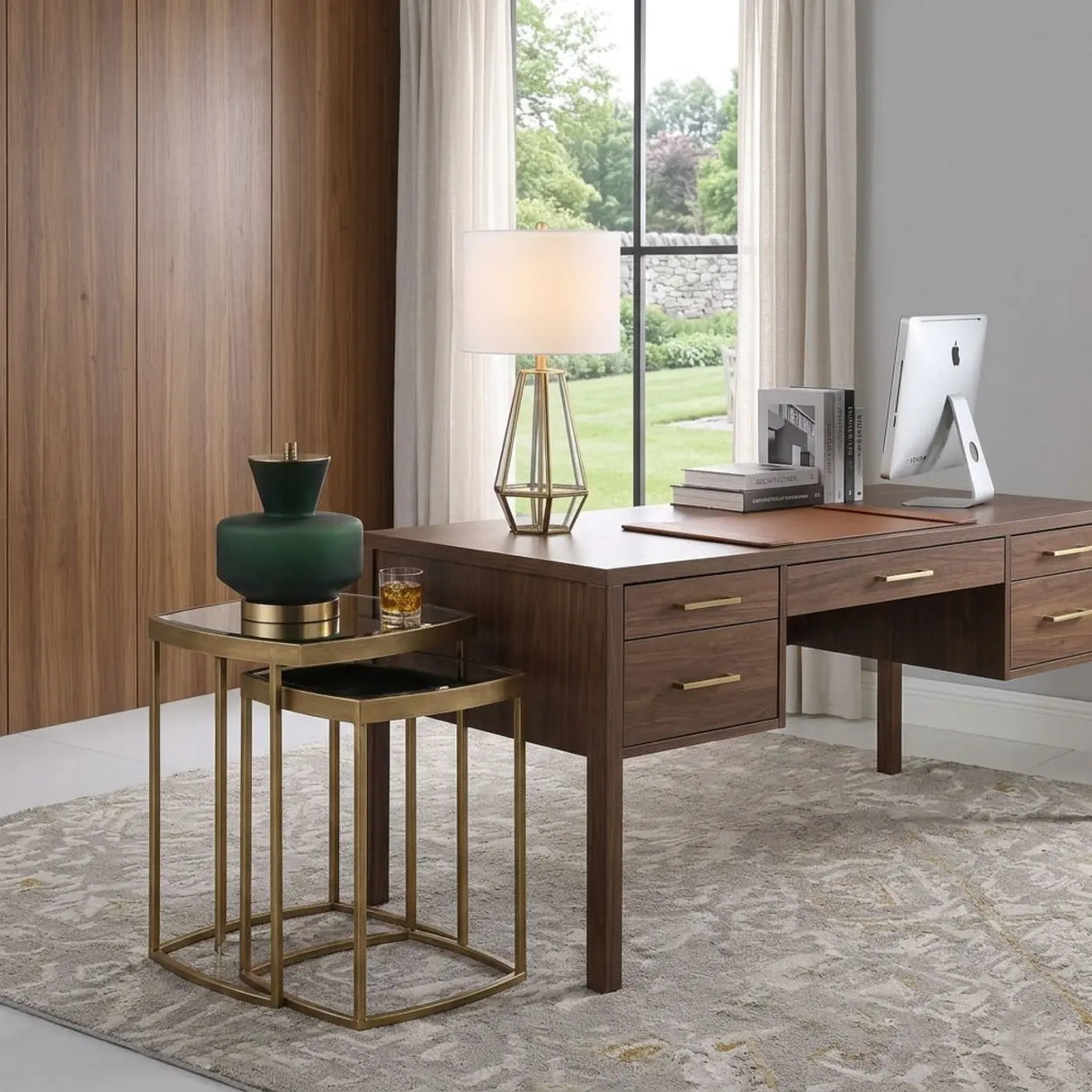 Modern Set of 2 Glass Top Gold Nesting Side Table Image - 2