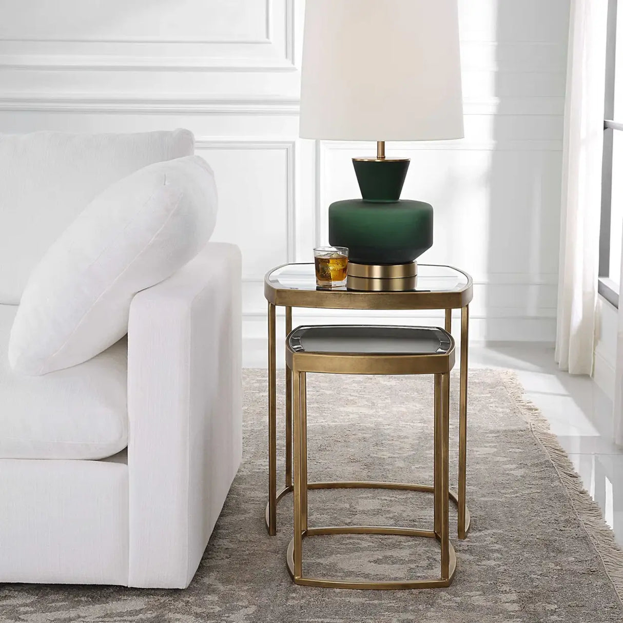 Modern Set of 2 Glass Top Gold Nesting Side Table Image - 4