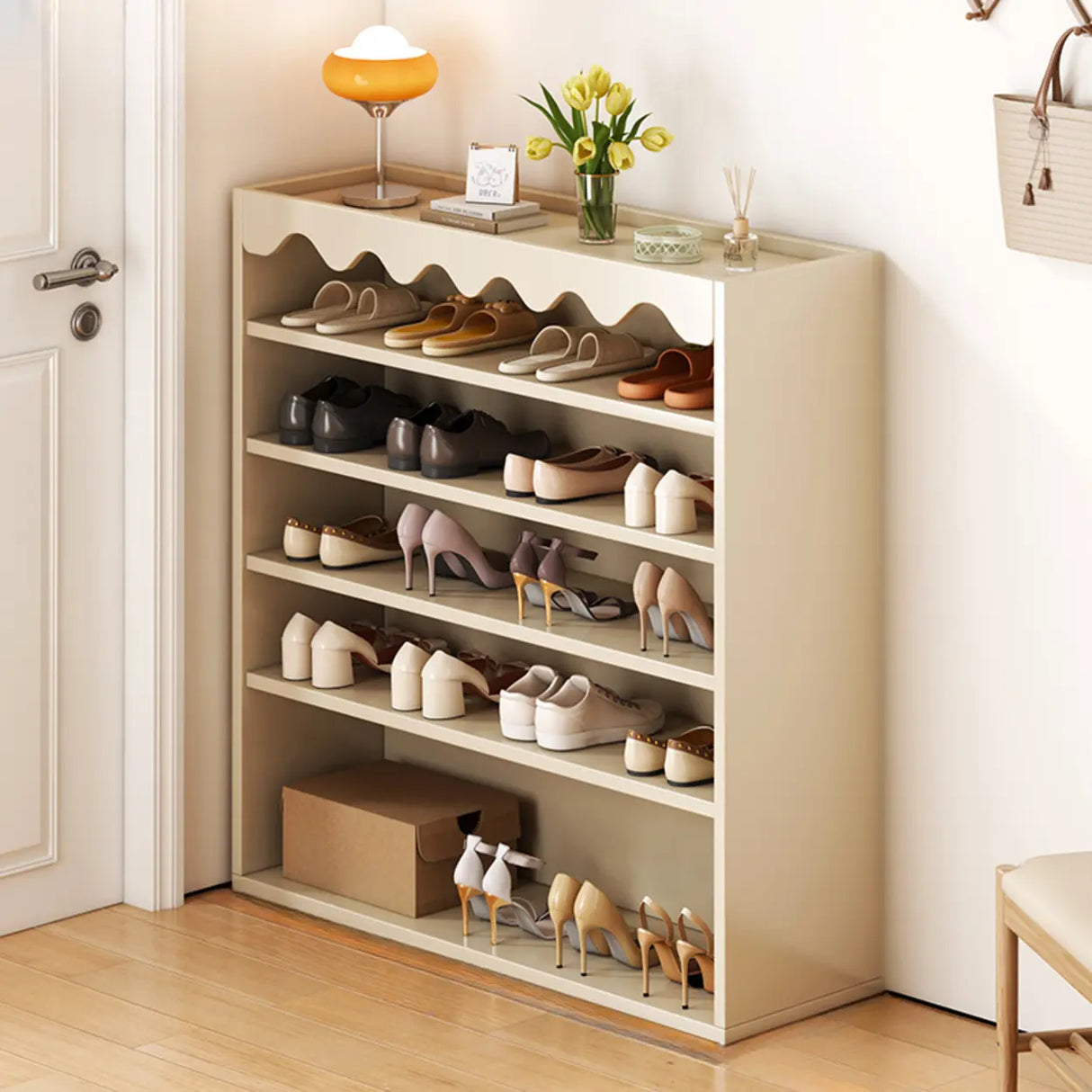 Modern Shelf Wood Entryway Beige 5-Tier Shoe Storage Image - 4