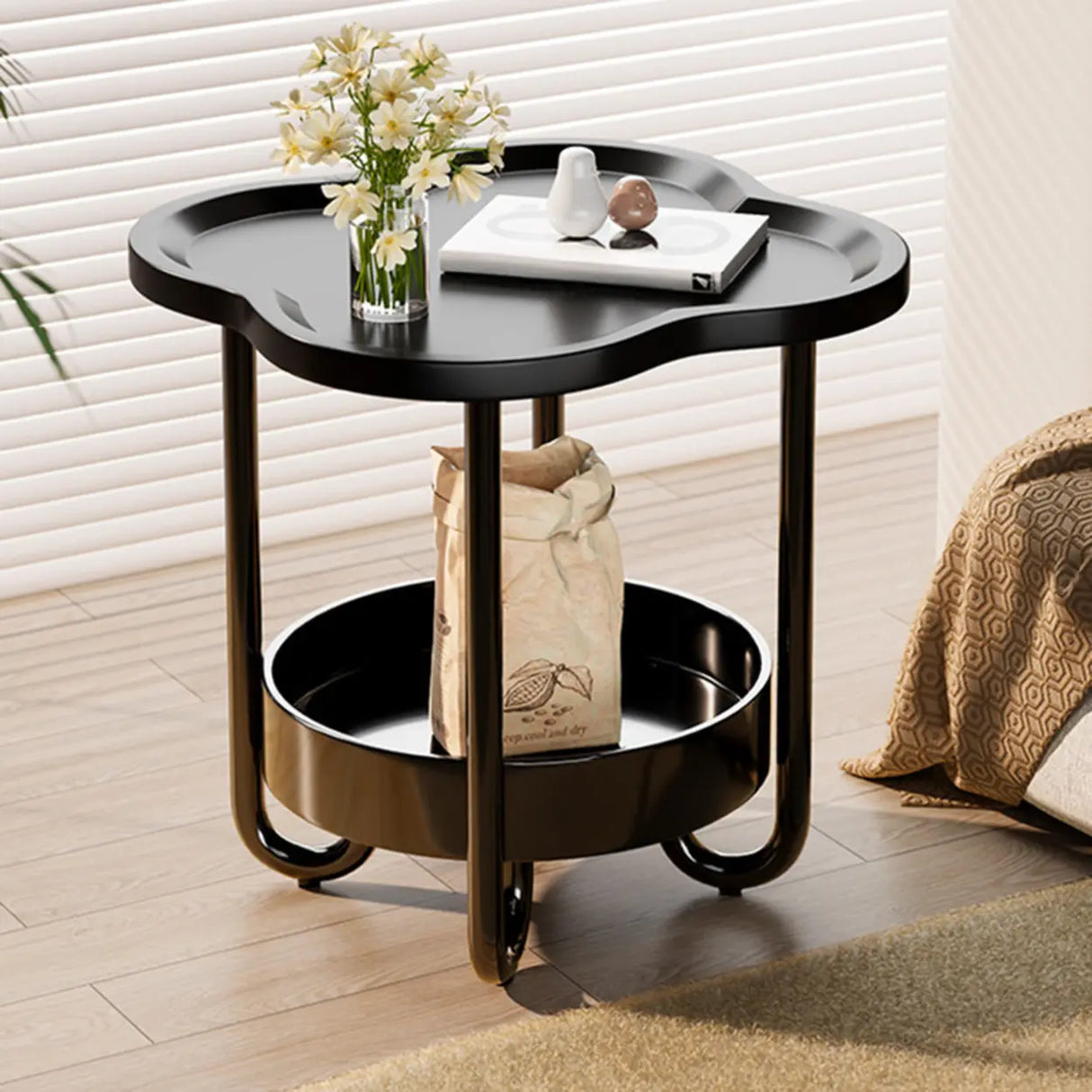 Modern Simple Black Small Side Table with Shelf Image - 1