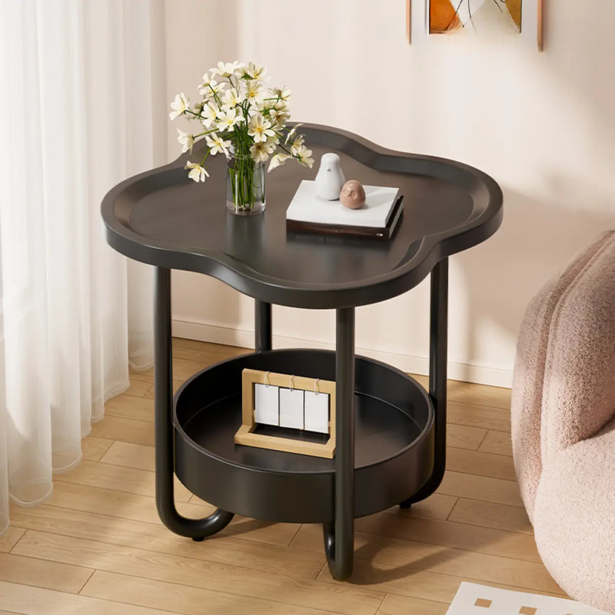 Modern Simple Black Small Side Table with Shelf Image - 2