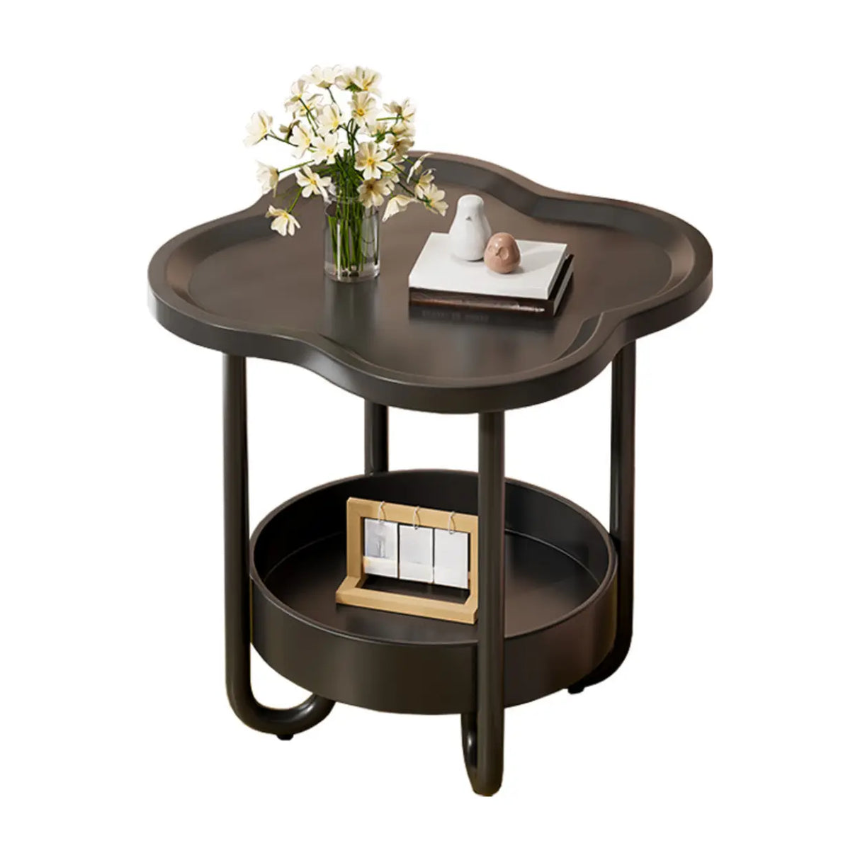 Modern Simple Black Small Side Table with Shelf Image - 6