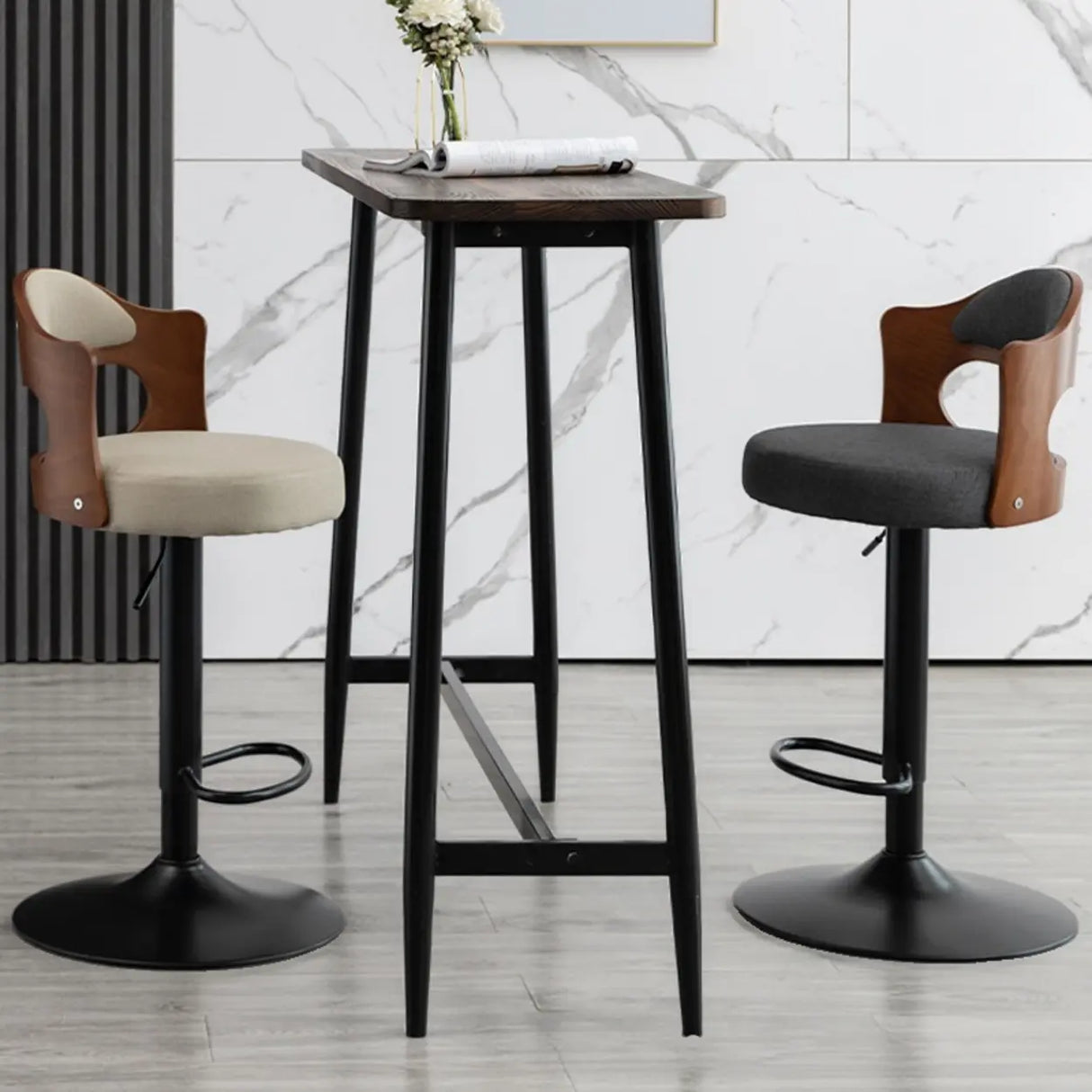 Modern Simple Gray Rotatable Round Bar Stool with Back Image - 4