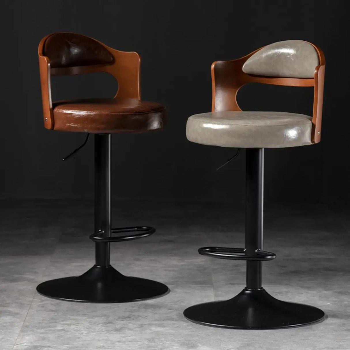 Modern Simple Gray Rotatable Round Bar Stool with Back Image - 6