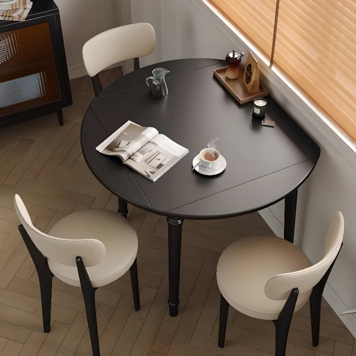 Modern Simplistic Black Round Wood Dining Table Extendable Image - 1