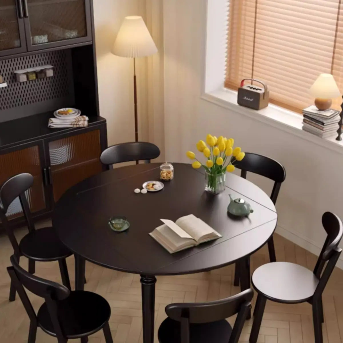 Modern Simplistic Black Round Wood Dining Table Extendable Image - 14