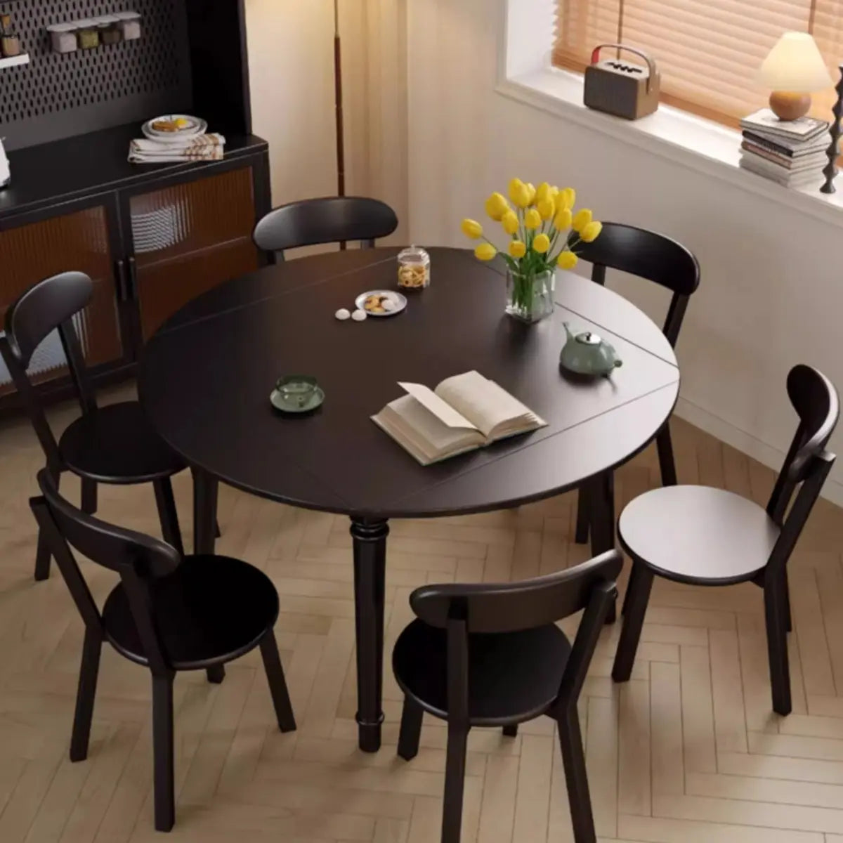 Modern Simplistic Black Round Wood Dining Table Extendable Image - 15