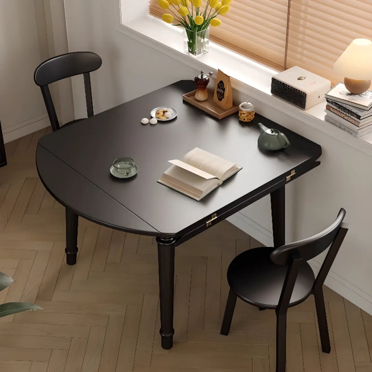 Modern Simplistic Black Round Wood Dining Table Extendable Image - 4
